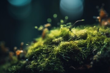Obraz na płótnie Canvas a close up of a mossy surface with small drops of water on the mossy surface and blurry lights in the back ground. generative ai