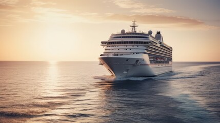 Obraz na płótnie Canvas Luxury Cruise Ship Sailing to Port at Sunrise. Generative AI.