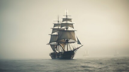 Vintage Frigate Sailing Through Fog Bank on Open Sea. Generative AI.
