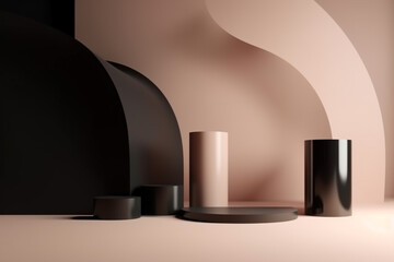 Beauty, fashion, make-up concept. Minimalistic product placement podium made from various geometric shapes with copy space. Minimalistic and futuristic looking style. Generative AI