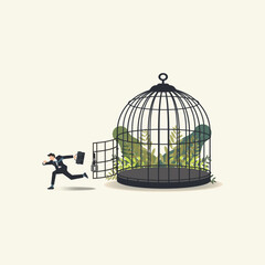 Businessman escaped from opened cage vector illustration