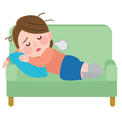 ソファでぐったり疲れて寝そべる女性　イラスト