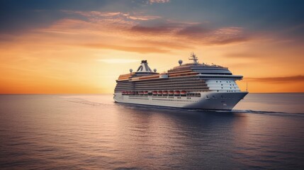 Fototapeta na wymiar Luxury Cruise Ship Sailing to Port at Sunrise. Generative AI.