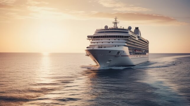 Luxury Cruise Ship Sailing to Port at Sunrise. Generative AI.