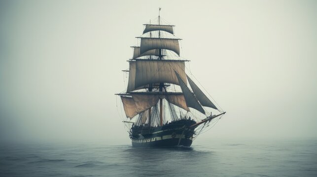 Vintage Frigate Sailing Through Fog Bank on Open Sea. Generative AI.