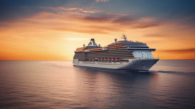 Luxury Cruise Ship Sailing to Port at Sunrise. Generative AI.