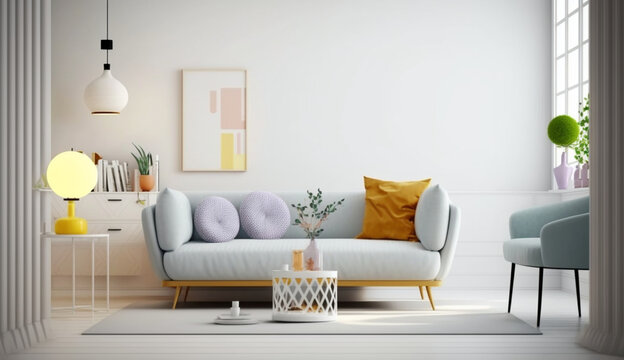 The bright and cozy modern living room interior has a sofa, lamp, white walls, and 3D rendering. interior living room with a colorful white sofa.