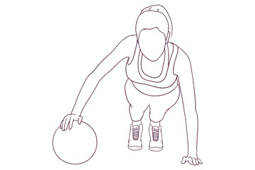 Woman doing push ups with ball hand drawn vector illustration