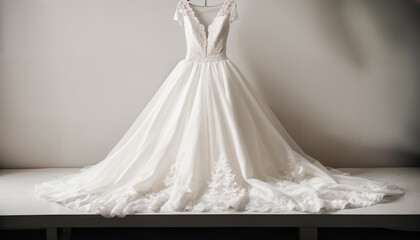 A beautiful wedding dress in close-up with hanger. Space for text. Ideal as decoration, banner, wallpaper or header. Beautiful image.