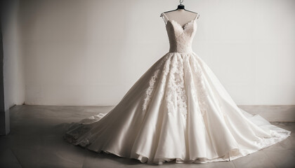 A beautiful wedding dress in close-up with hanger. Space for text. Ideal as decoration, banner,...