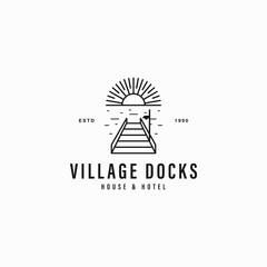 vintage village dock logo design vector illustration, premium lake port hotel & house business sign logo design vector ideas. village port lake logo design template