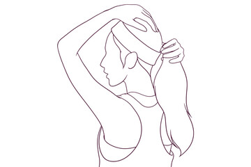 Fitness girl with ponytail tying her hair hand drawn vector illustration