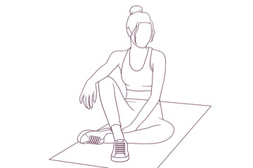 Young woman taking a break on a matrass after fitness routine hand drawn vector illustration