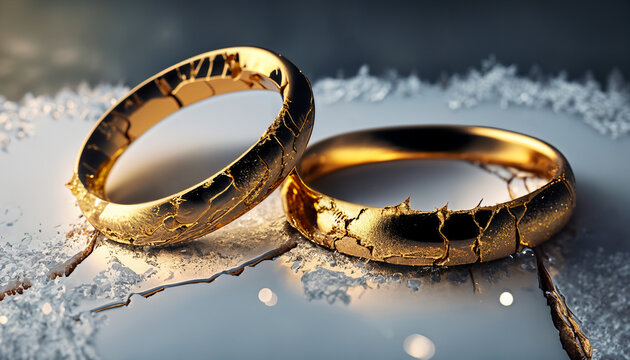 Two gold wedding rings that are torn. The image symbolises separation and divorce. Cracks / Ice / Freezing / Destruction.