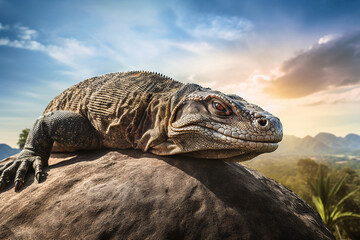 Fototapeta premium Komodowaran sonnt sich auf Felsen in tropischer Landschaft, exotischer indonesischer Waran