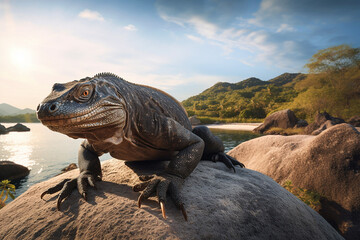 Fototapeta premium Komodowaran sonnt sich auf einem Felsen