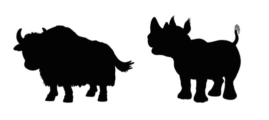 Black silhouette of rhinoceros and yak. Drawing with funny animals. Template for children to cut out.