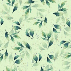 Seamless pattern with green leaves, illustration in vintage watercolor style - 587914067