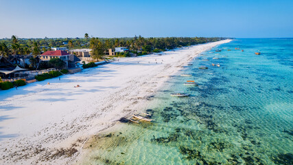Zanzibar Island boasts a stunning tropical beach featuring white sand, palm trees, and turquoise...