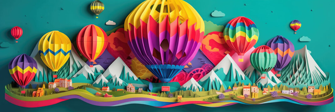 Vibrant kirigami hot air balloon papercraft (Generative AI)
