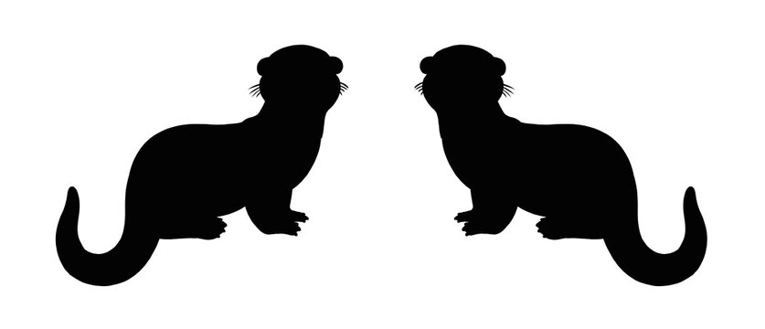 Black silhouette of funny otter. Drawing with funny animals. Template for children to cut out.