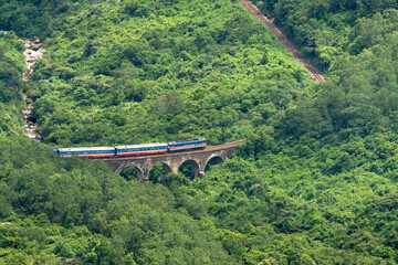 View of trains and railways on Hai Van Pass in Bach Ma Mountain, Hue city, Vietnam