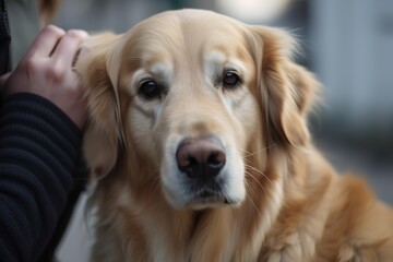 A loyal and affectionate Golden Retriever cuddled up with its owner, showing off its loyal and affectionate nature. Generative AI