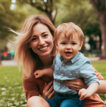 Photos of a happy mother with her baby in the park. AI-generated images