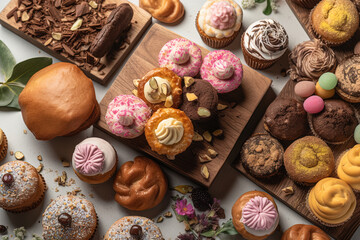 Fototapeta na wymiar Vegan bakery. Top view of the gluten-free cupcakes