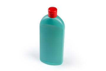 Closed plastic bottle of cleaning agent on a white background