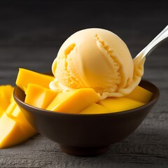 mango ice cream with mango fruit pieces - generative AI