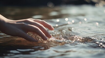 Female hand touching the river water. Generative AI