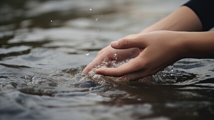 Female hands touching the river water. Generative AI