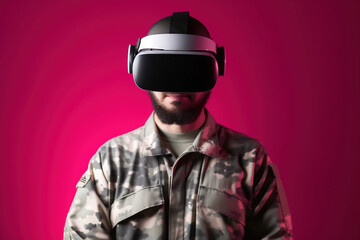 Fototapeta premium a man wearing a virtual reality headset with neon light isolated on red background