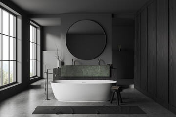 Fototapeta na wymiar Gray and wooden bathroom with tub and double sink