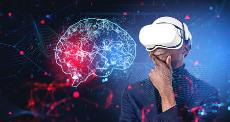 African businessman in vr glasses, pensive look with digital brain hologram hud
