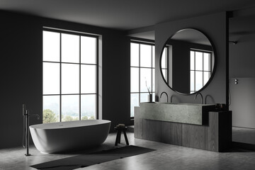 Grey bathroom interior with bathtub and sink, mirror and panoramic window