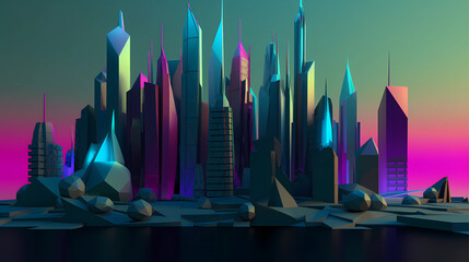 Futuristic Cityscape, Low Poly 3D Generative Ai