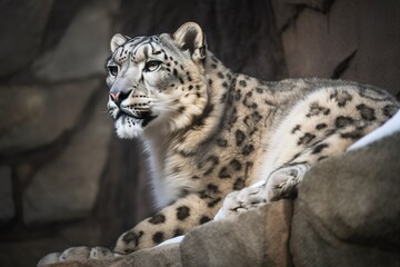 A majestic and elusive Snow Leopard perched on a rocky cliff - This Snow Leopard is perched on a rocky cliff, showing off its majestic and elusive nature. Generative AI