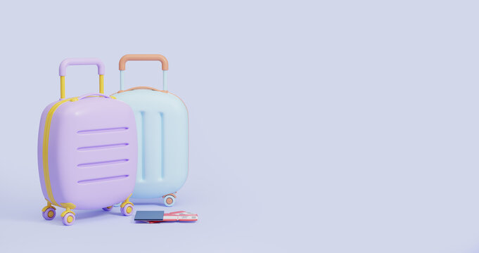 Blue and purple cartoon baggage with tickets on copy space empty background