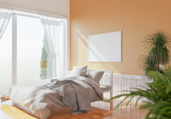Picture frames are hung on the bedroom walls light shines through large glass doors and curtains. overlooking trees outside give a warm atmosphere. 3d rendering.