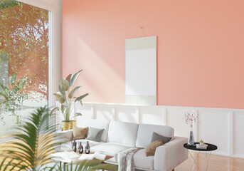 The light from the outside hit theframe on wall of the room and the sofa located inside. give a warm atmosphere.3d rendering.