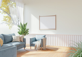 The light from the outside hit theframe on wall of the room and the sofa located inside. give a warm atmosphere.3d rendering.
