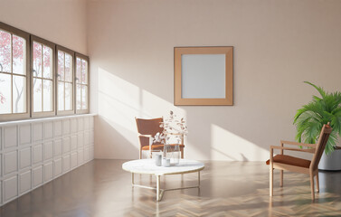 The light from the outside hit the frame on wall of the room and the chairs and coffee table located inside. give a warm atmosphere.3d rendering.
