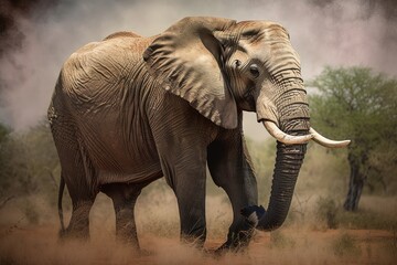 Obraz na płótnie Canvas A majestic and powerful African Elephant with its trunk raised showing off its majestic and powerful nature. Generative AI