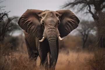 Fototapeta na wymiar A majestic and powerful African Elephant with its trunk raised showing off its majestic and powerful nature. Generative AI