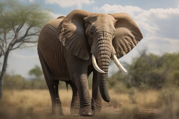 Naklejka na ściany i meble A majestic and powerful African Elephant with its trunk raised showing off its majestic and powerful nature. Generative AI