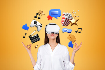 Woman wearing vr glasses in lotus position, relaxation and enter