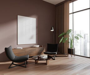 Dark chill room interior sideboard and armchairs near window, mockup frame