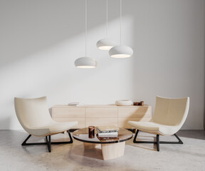 White living room with armchairs and dresser